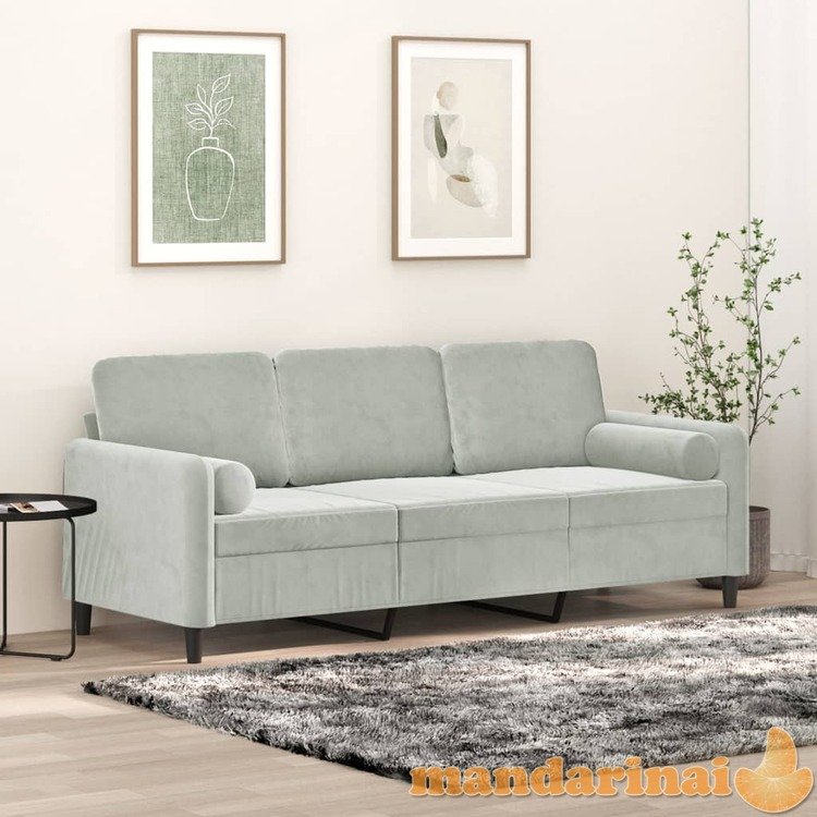 Trivietė sofa su pagalvėlėmis, šviesiai pilka, 180cm, aksomas