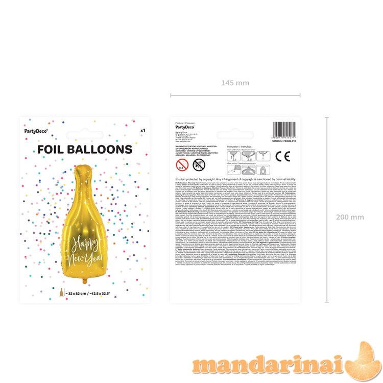 Foil balloon Bottle - Happy New Year, 32x82cm, gold