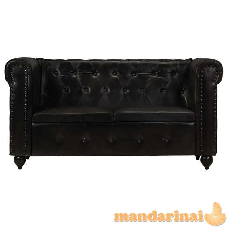 Dvivietė chesterfield sofa, juodos spalvos, tikra oda