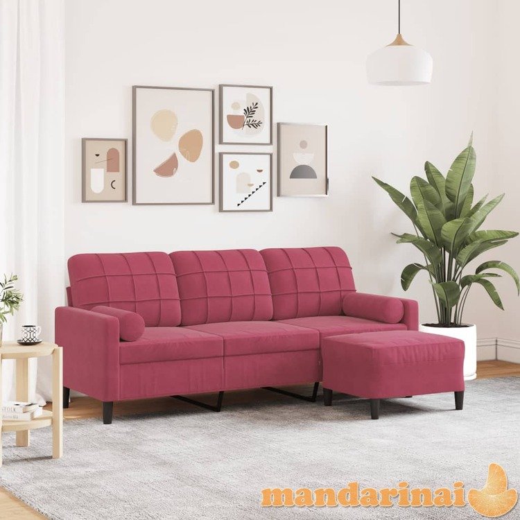 Trivietė sofa su pakoja, raudonojo vyno spalvos, 180cm, aksomas