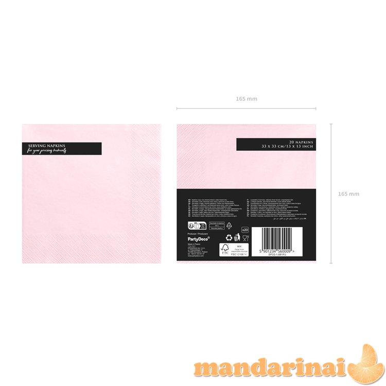 Napkins, 3 layers, light powder pink, 33x33cm (1 pkt / 20 pc.)