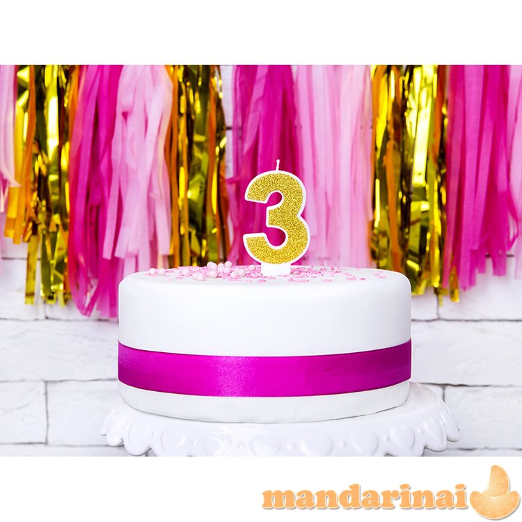 Birthday candle Number 3, gold, 7cm