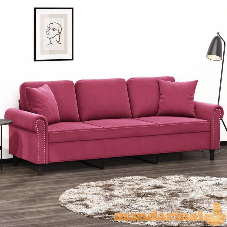 Trivietė sofa su pagalvėlėmis, raudonojo vyno, 180cm, aksomas