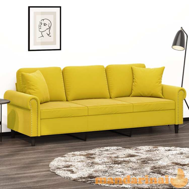 Trivietė sofa su pagalvėlėmis, geltonos spalvos, 180cm, aksomas