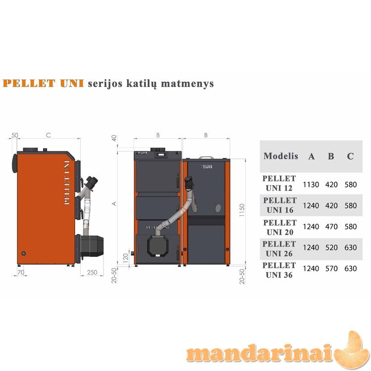 Katilas granul. PELLET UNI 20 su 20kW degikliu ir 230 l talpa Kipi Rot