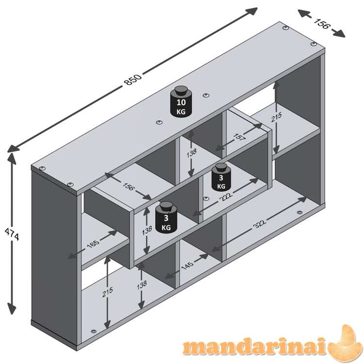 Fmd prie sienos montuojama lentyna su 8 skyriais, ąžuolo, stačiakampė