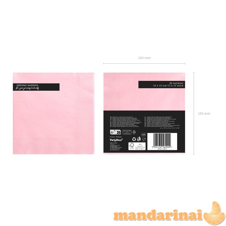 Napkins, 3 layers, light pink, 33x33cm (1 pkt / 20 pc.)