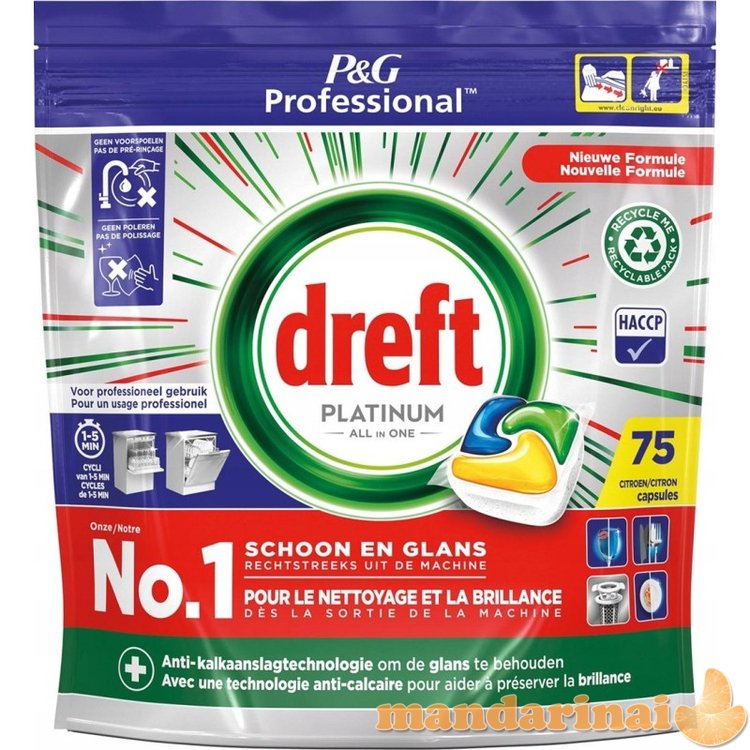 DREFT PLATINUM 75 indaplovės tabletės, citrinų kvapo, svoris - 1118g.