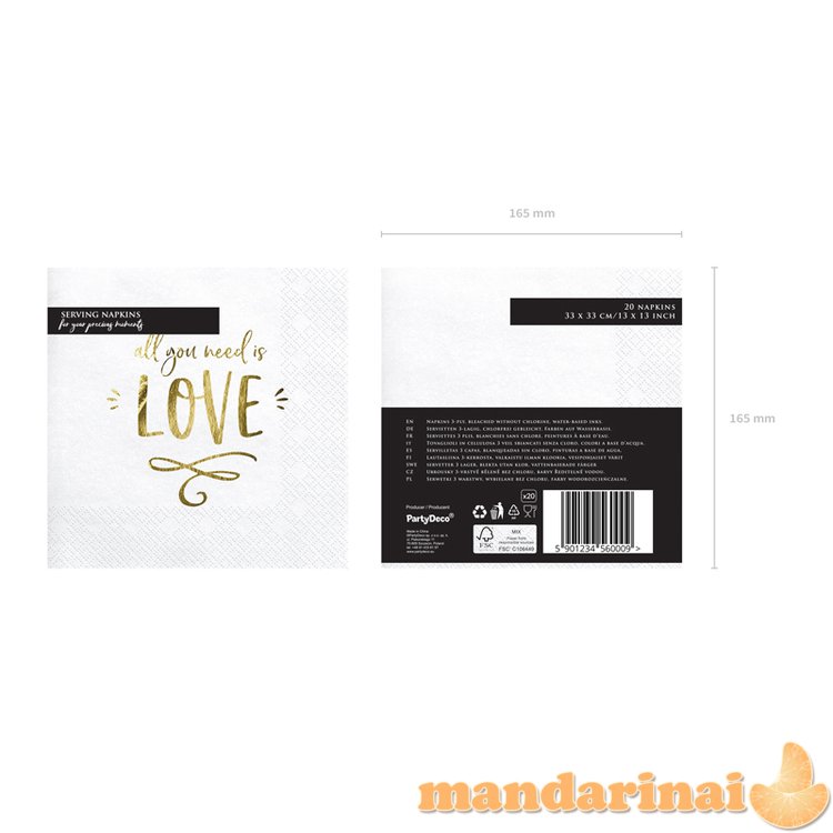 Napkins - All you need is love, white, 33x33cm (1 pkt / 20 pc.)