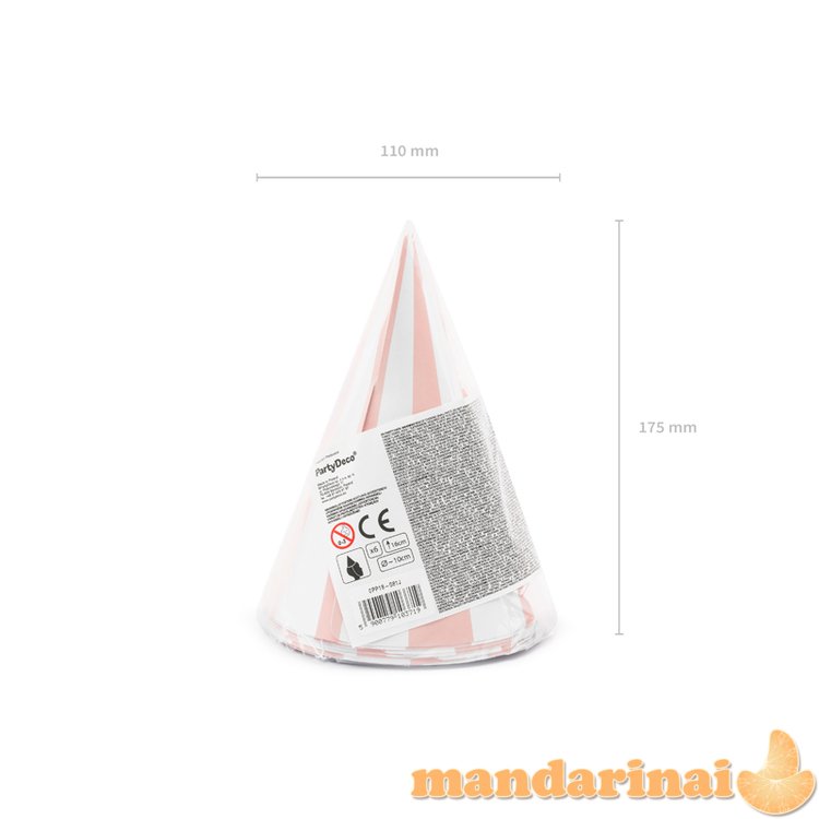 Striped party hats, light pink, 16cm (1 pkt / 6 pc.)