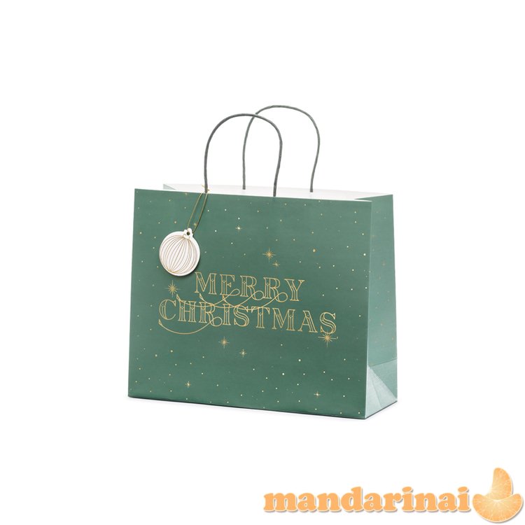 Gift bag Merry Christmas, bottle green, 32.5x26.5x11.5cm