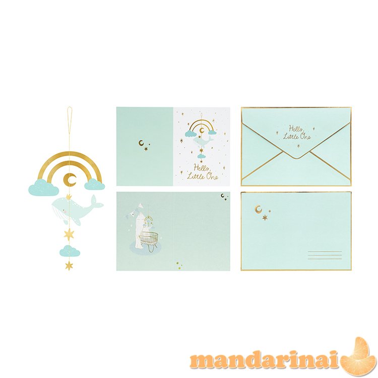 Card with hanging decoration Whale, light tiffany blue, 14x20 cm