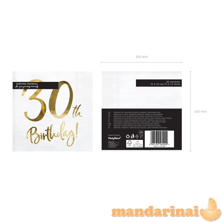 Napkins 30th Birthday, white, 33x33cm (1 pkt / 20 pc.)