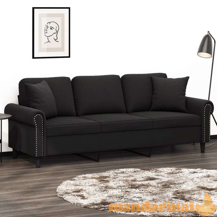 Trivietė sofa su pagalvėlėmis, juodos spalvos, 180cm, aksomas