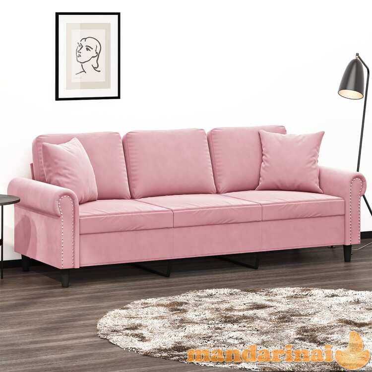 Trivietė sofa su pagalvėlėmis, rožinės spalvos, 180cm, aksomas