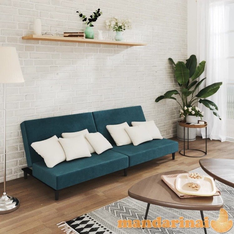 Dvivietė sofa-lova, mėlynos spalvos, aksomas