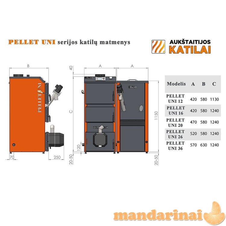 Katilas PELLET UNI 12 su KIPI ROT POWER 12 kW degikliu ir 260 l talpa