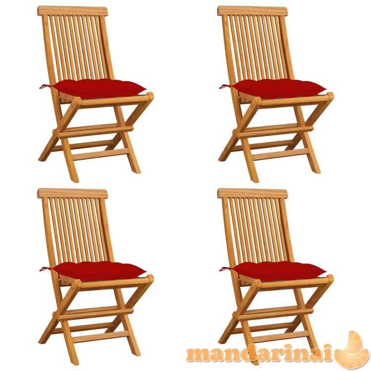 Sodo kėdės su raudonomis pagalvėlėmis, 4vnt., tikmedžio masyvas