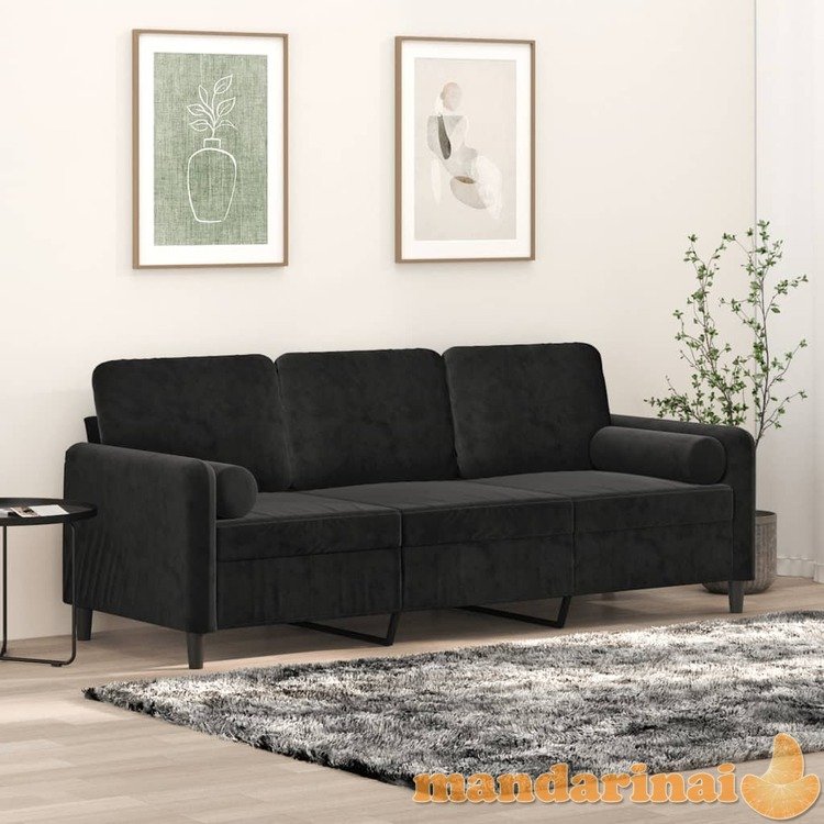 Trivietė sofa su pagalvėlėmis, juodos spalvos, 180cm, aksomas