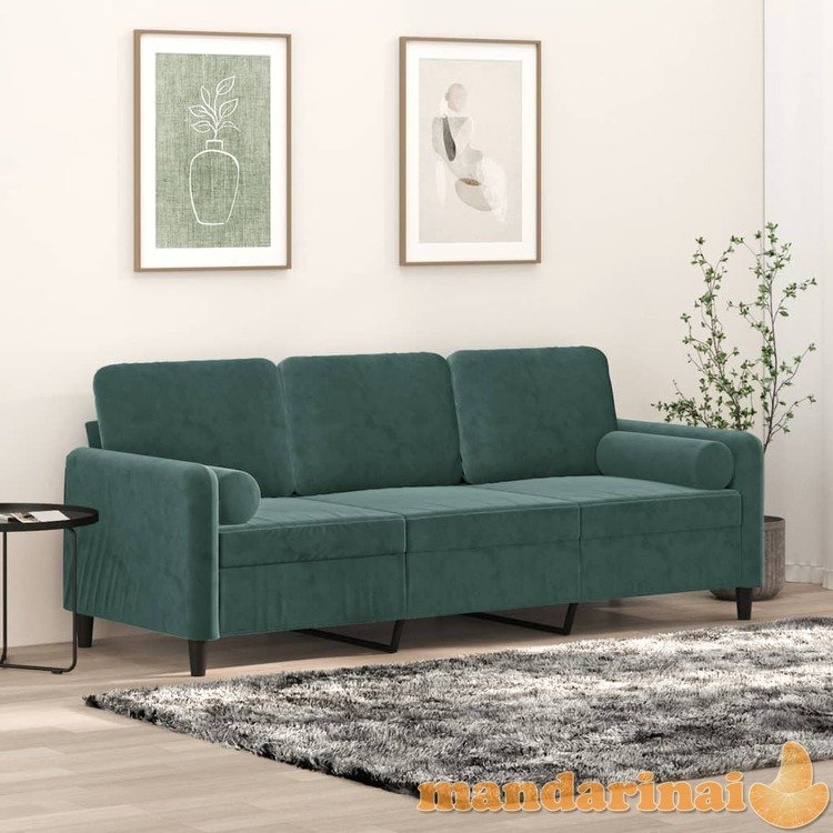 Trivietė sofa su pagalvėlėmis, tamsiai žalia, 180cm, aksomas