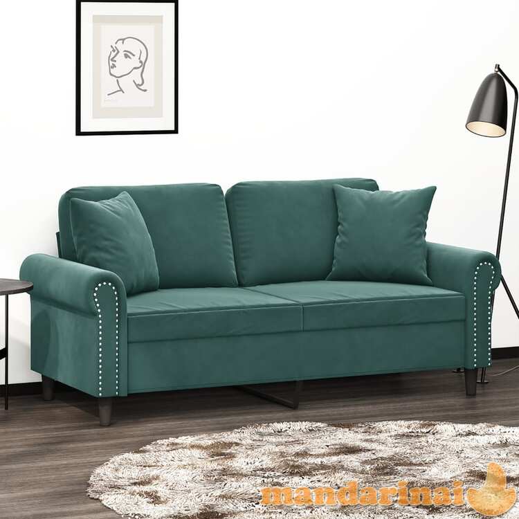 Dvivietė sofa su pagalvėlėmis, tamsiai žalia, 140cm, aksomas