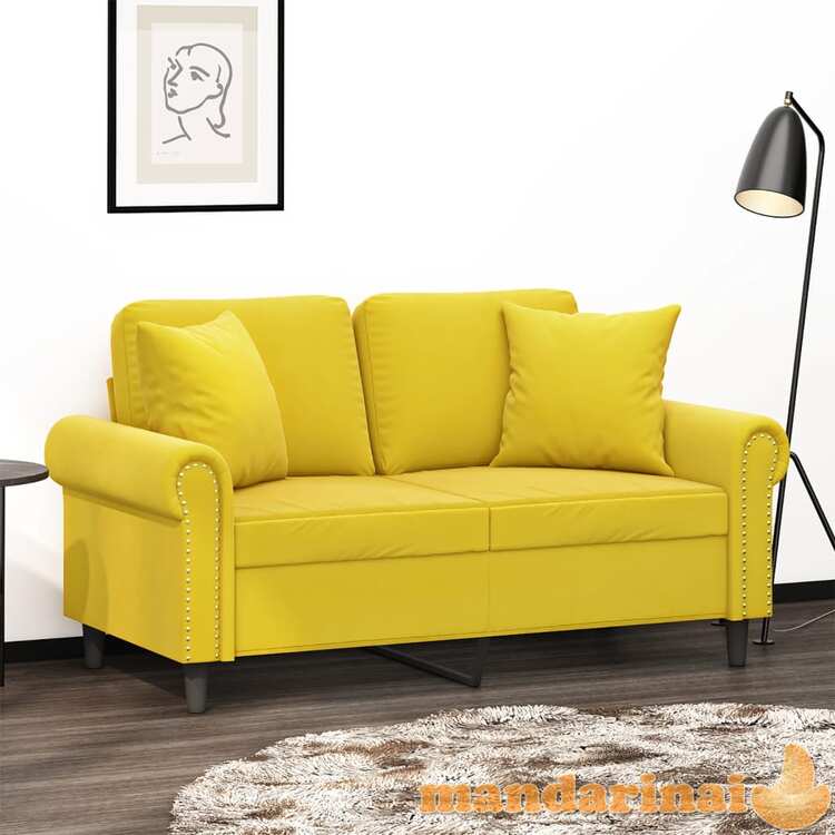 Dvivietė sofa su pagalvėlėmis, geltonos spalvos, 120cm, aksomas