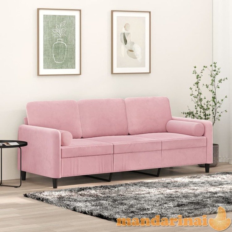 Trivietė sofa su pagalvėlėmis, rožinės spalvos, 180cm, aksomas