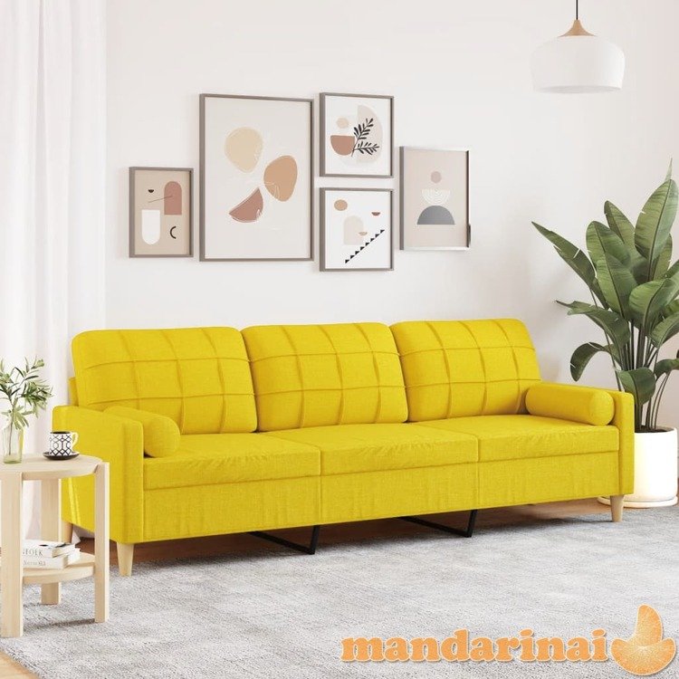 Trivietė sofa su pagalvėlėmis, šviesiai geltona, 210cm, audinys