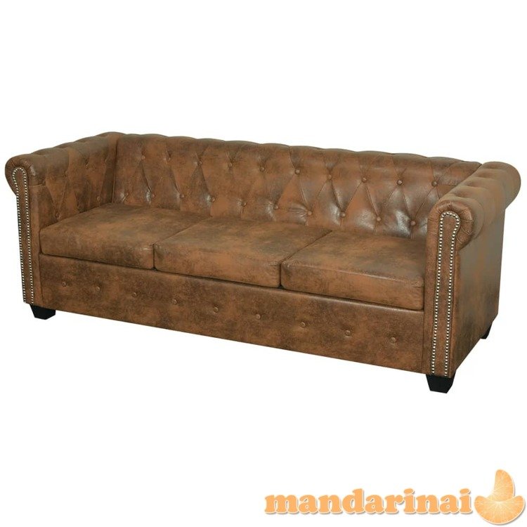 Chesterfield trivietė sofa, dirbtinė oda, ruda