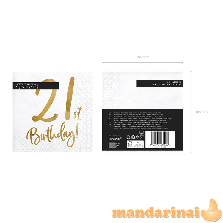 Napkins 21st Birthday, white, 33x33cm (1 pkt / 20 pc.)