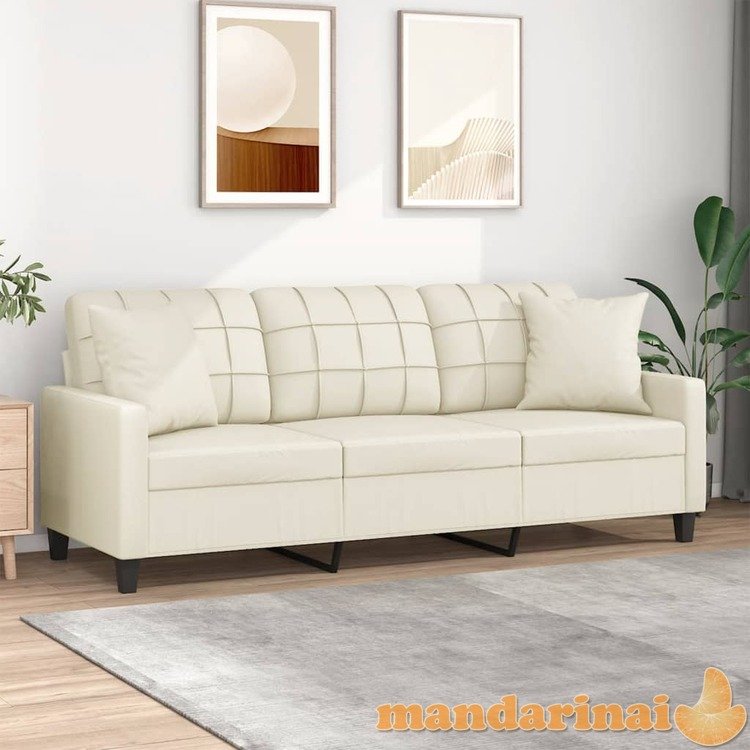 Trivietė sofa su pagalvėlėmis, kreminė, 180cm, dirbtinė oda