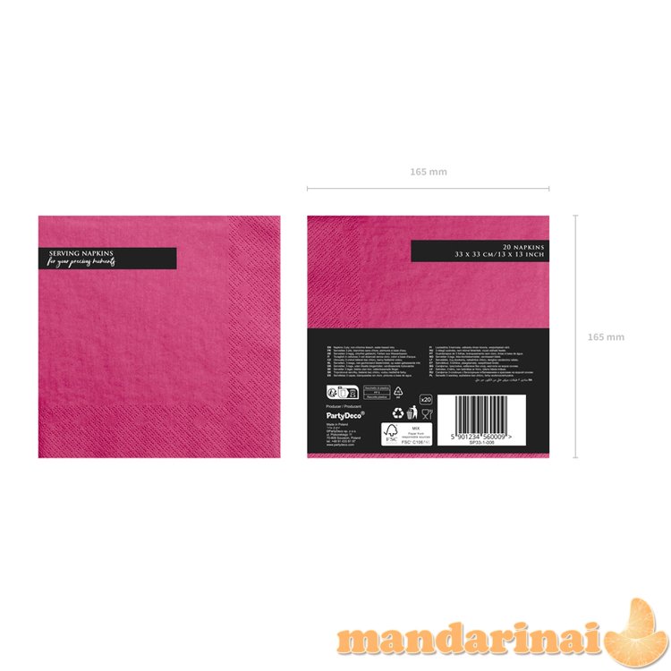 Napkins, 3 layers, dark pink, 33x33cm (1 pkt / 20 pc.)