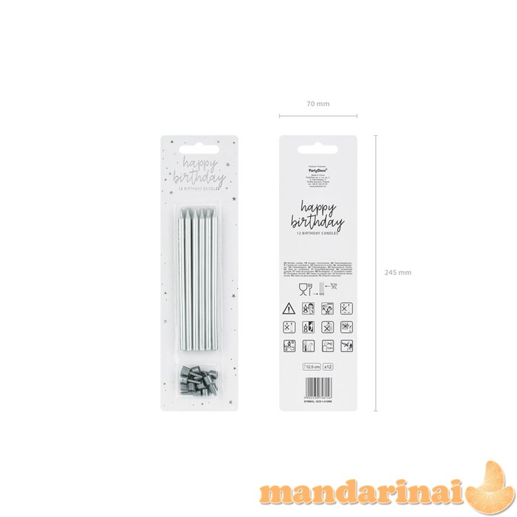 Birthday candles, plain, silver, 12.5cm (1 pkt / 12 pc.)