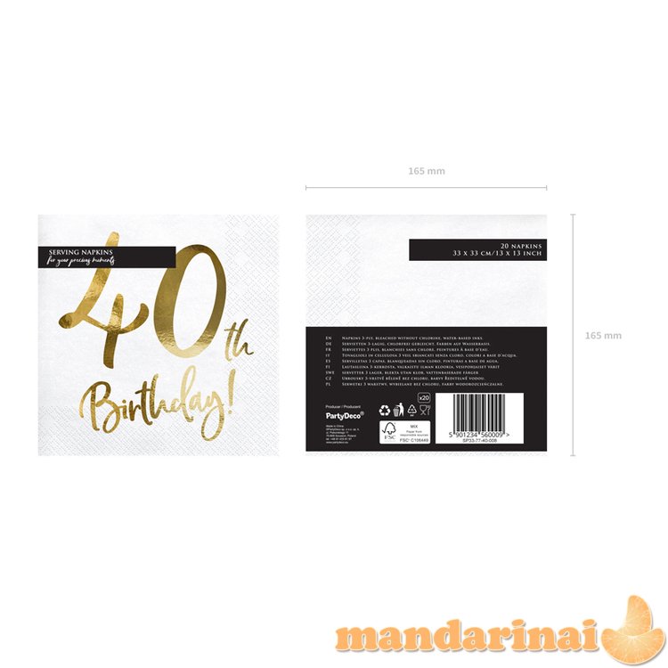 Napkins 40th Birthday, white, 33x33cm (1 pkt / 20 pc.)