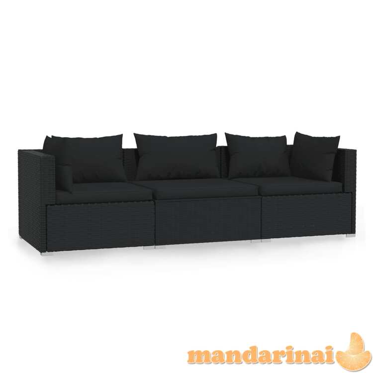 Trivietė sofa su pagalvėlėmis, juodos spalvos, poliratanas