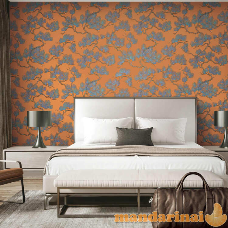 Dutch wallcoverings tapetai, mėlynos ir oranžinės spalvos, su pušimis