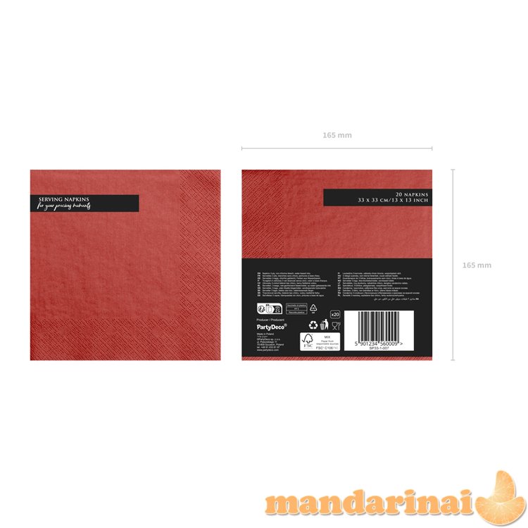 Napkins, 3 layers, red, 33x33cm (1 pkt / 20 pc.)