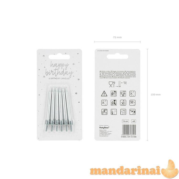 Birthday candles, plain, silver, 6cm (1 pkt / 6 pc.)