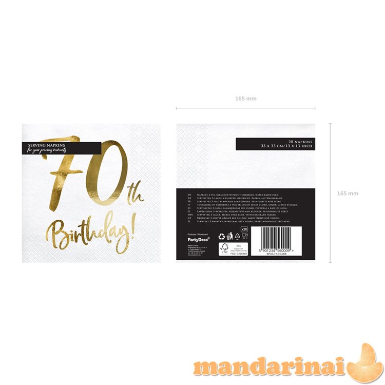 Napkins 70th Birthday, white, 33x33cm (1 pkt / 20 pc.)