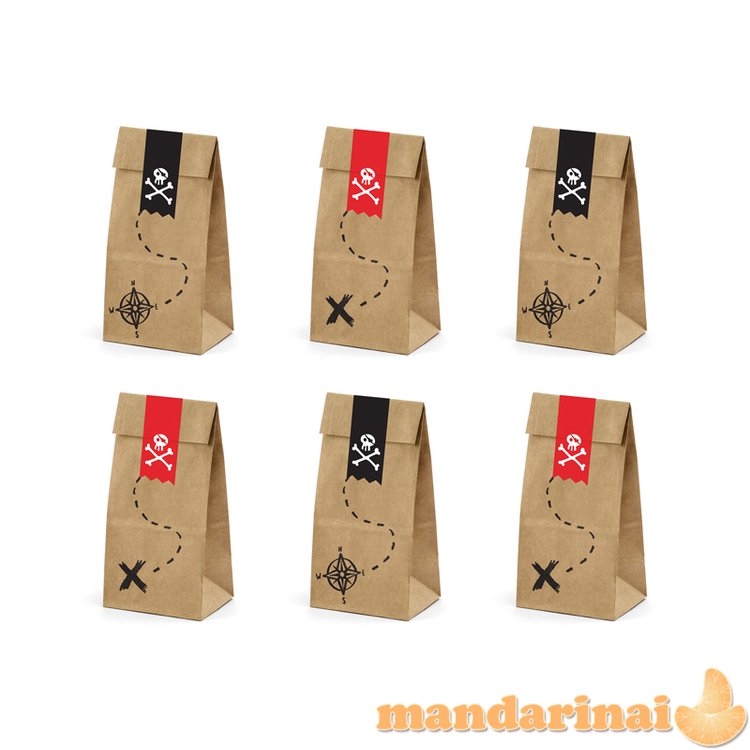 Treat bags Pirates Part, kraft, 8x18x6cm (1 pkt / 6 pc.)