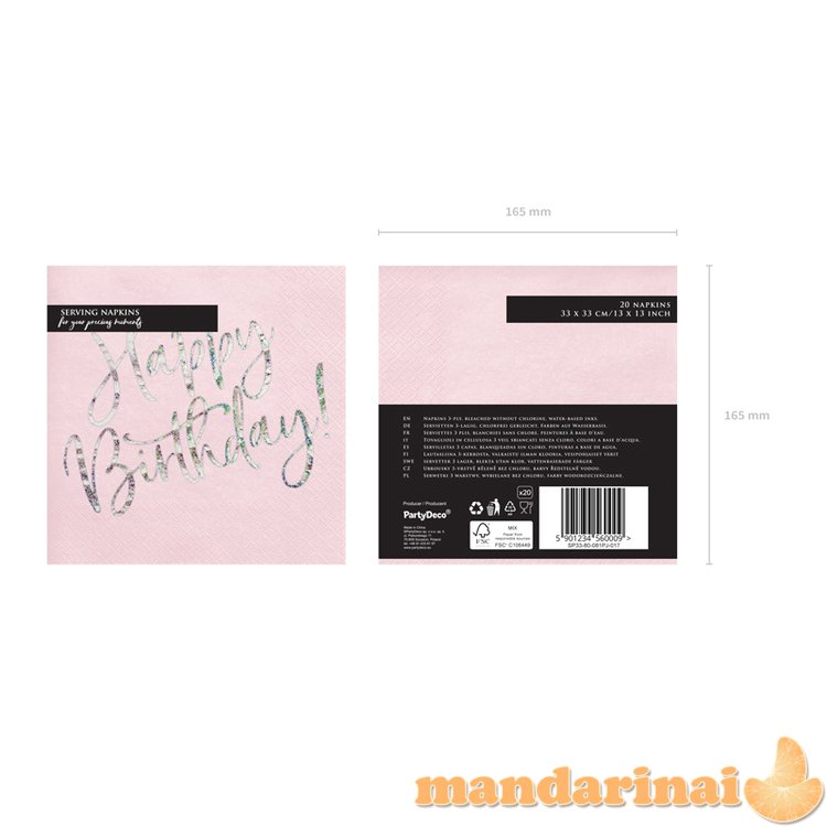 Napkins Happy Birthday, light powder pink, 33x33cm (1 pkt / 20 pc.)