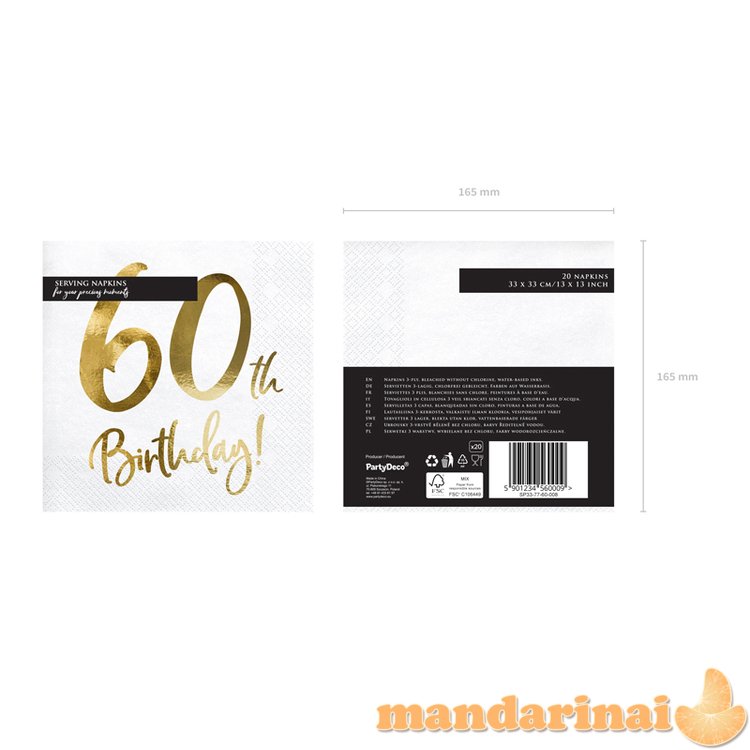 Napkins 60th Birthday, white, 33x33cm (1 pkt / 20 pc.)