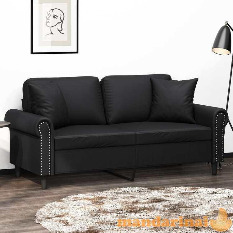 Dvivietė sofa su pagalvėlėmis, juoda, 140cm, dirbtinė oda