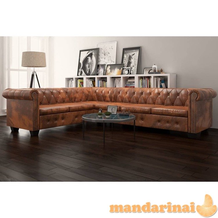 Chesterfield kampinė šešiavietė sofa, dirbtinė oda, ruda