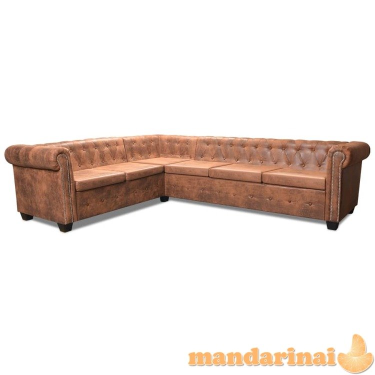 Chesterfield kampinė šešiavietė sofa, dirbtinė oda, ruda