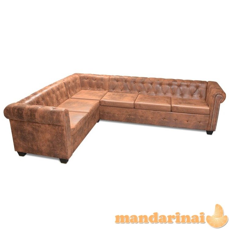 Chesterfield kampinė šešiavietė sofa, dirbtinė oda, ruda