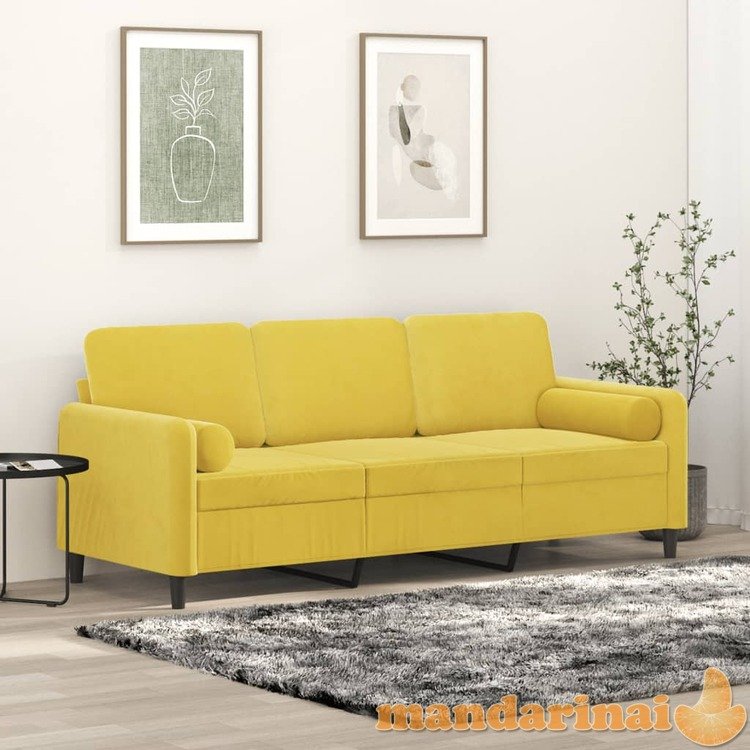 Trivietė sofa su pagalvėlėmis, geltonos spalvos, 180cm, aksomas