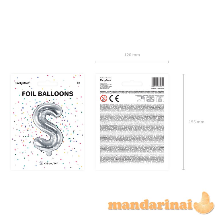 Foil Balloon Letter S , 35cm, silver