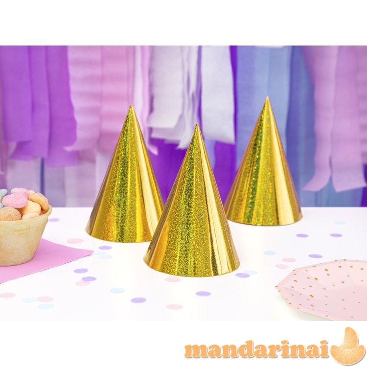 Holographic party hats, gold, 16cm (1 pkt / 6 pc.)