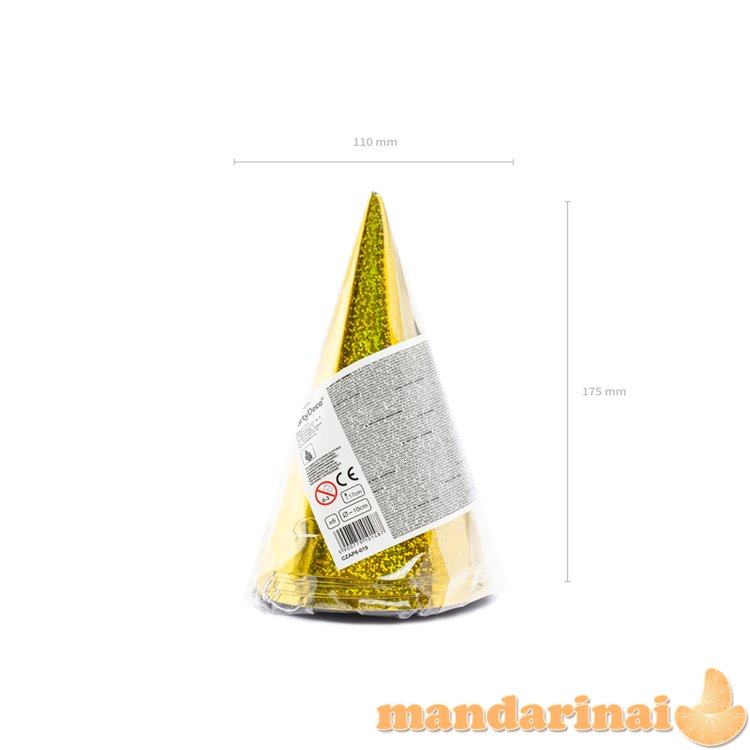 Holographic party hats, gold, 16cm (1 pkt / 6 pc.)